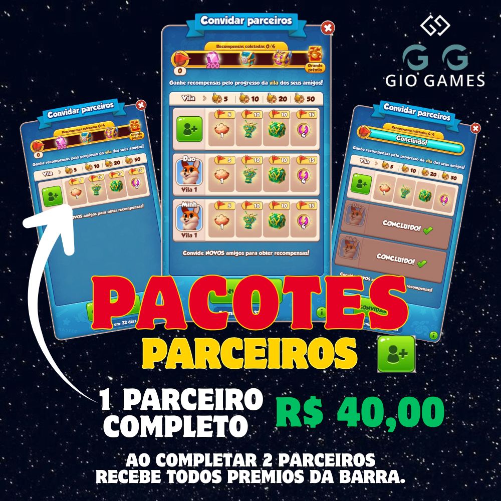 Pacote Parceiros Coin Master - 1 Parceiro Completo 