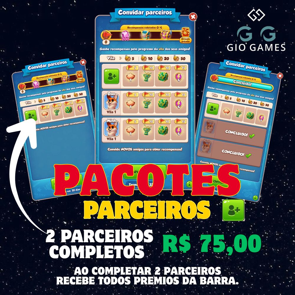 Pacote Parceiros Coin Master - 2 Parceiros Completos + Barra Completa 